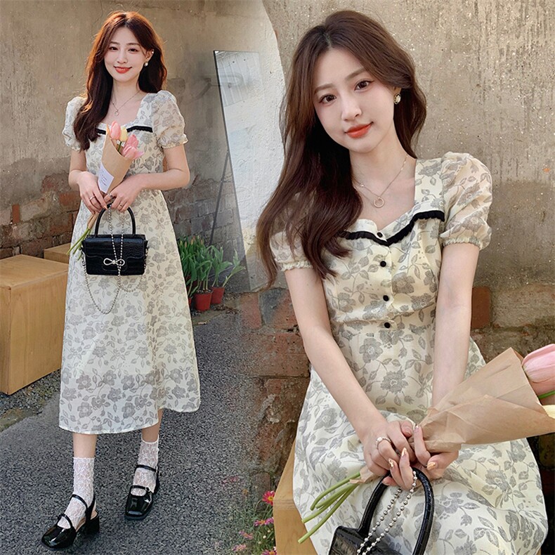2023夏季短袖法式木耳边花连衣裙女显瘦方领泡泡袖雪纺长裙子夏季，女装连衣裙，韩蜜菓