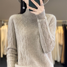 秋冬新款羊毛半高领绞花毛衣女宽松显瘦保暖针织衫，女装羊毛衫，秋虹羊绒