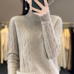 秋冬新款羊毛半高领绞花毛衣女宽松显瘦保暖针织衫图片