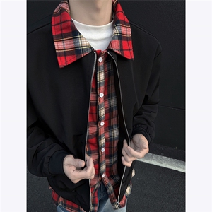 老钱风假两件翻领夹克外套男春秋拼接撞色美式CLeanfit飞行服 P80图片