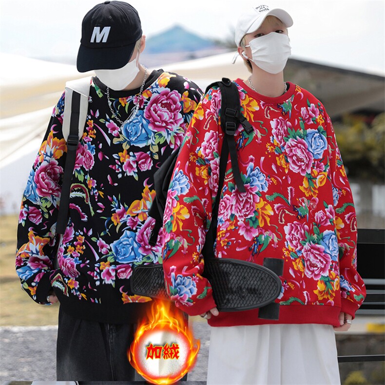 B203冬新套头圆领东北大花风民族特色加绒保暖卫衣小衫男女潮,男装卫衣,星座115A(原星座507）