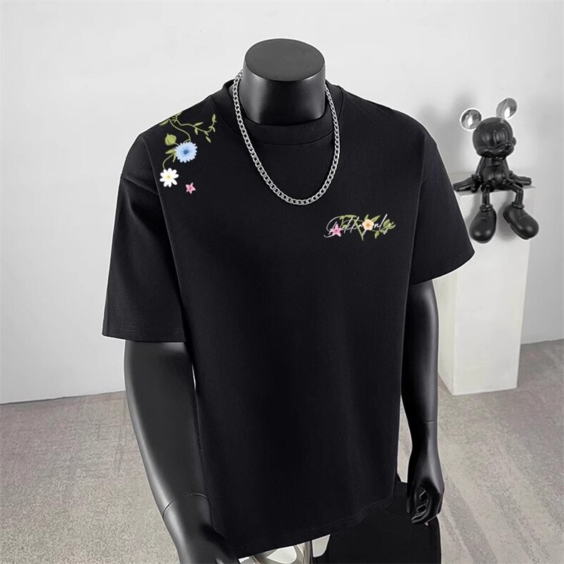 万针全刺绣工艺抖音得物高品质260克重磅纯棉双纱美式高街短袖T恤,男装T恤,电商A486