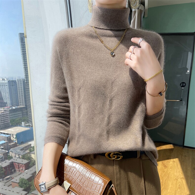 高翻领高级感山羊绒衫女纯色加厚针织毛衣羊毛衫宽松套头打底上衣图片