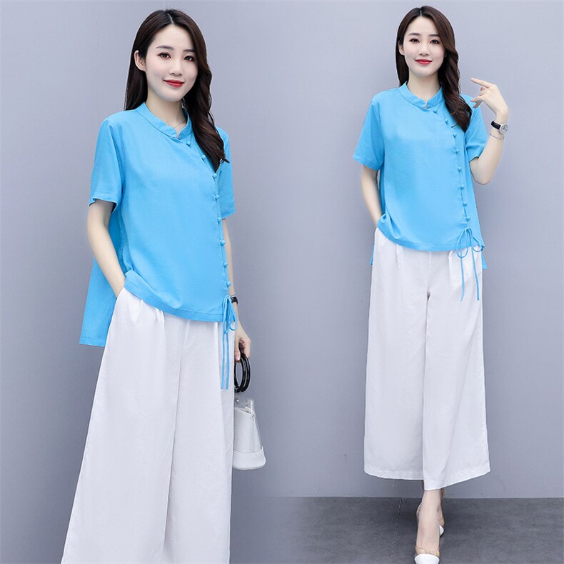 套裙女2021年夏季新款棉麻复古盘扣大码文艺两件套装，女装套装/套裙，艾仟回(原伊仟回)