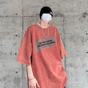 B239-1055-P38 美式复古水洗做旧 字母印花 短袖T恤图片