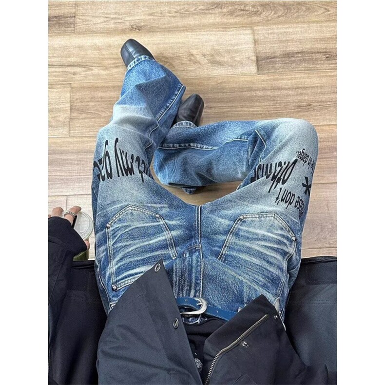 美式复古猫须字母印花微喇牛仔裤男女cleanfit街头宽松情侣休闲裤,男装牛仔裤,四季星座505