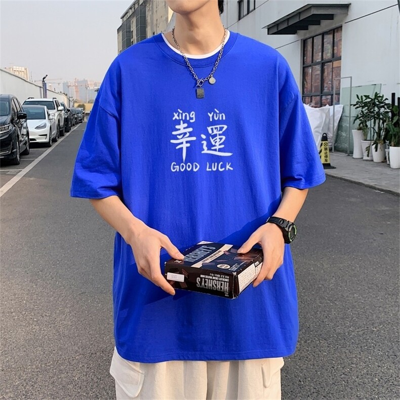 T3676P25已爆圆领卡通印花T恤男港风T恤落肩款宽松T恤克莱因蓝T,男装T恤,星座510A-1