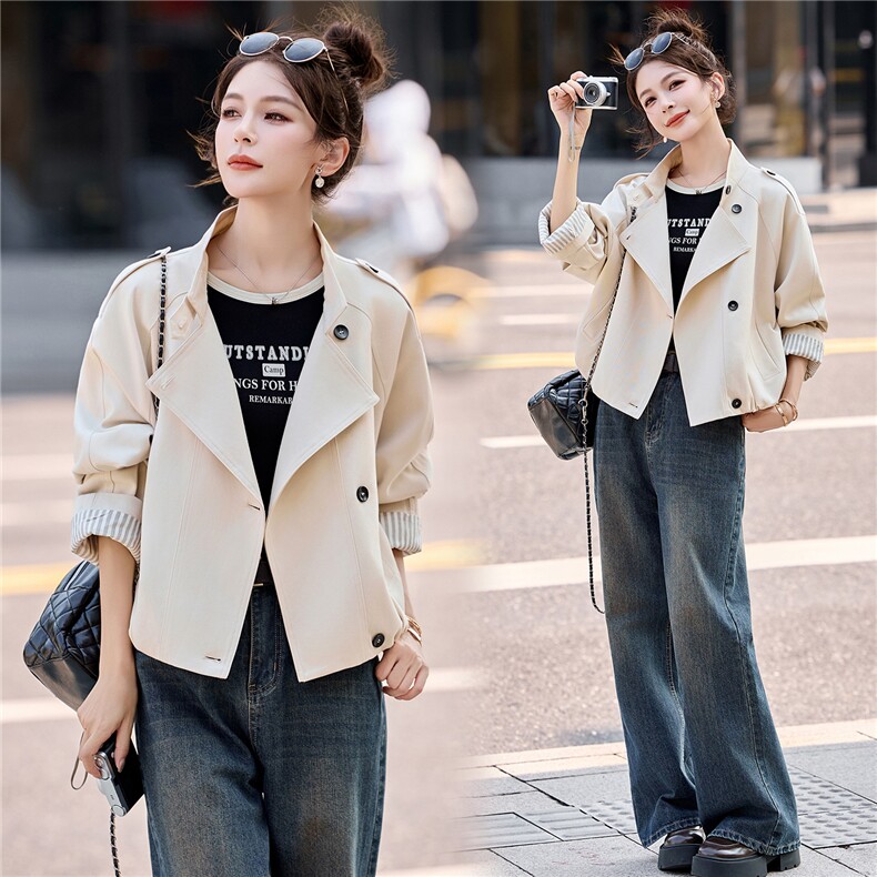 大量现货-2026年春季新韩版立领高级感短风衣外套，女装短外套，蓝诺裳