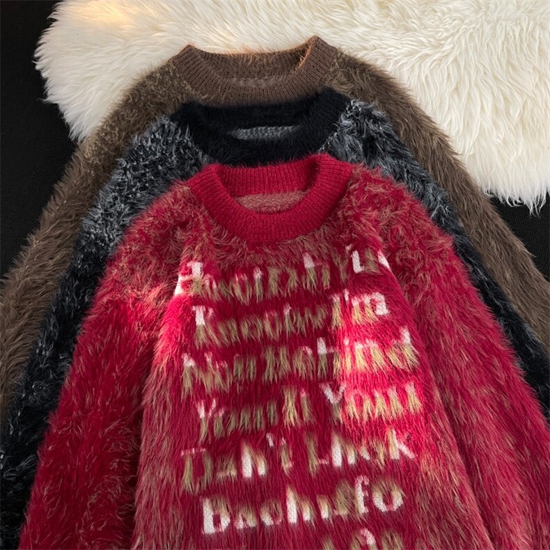 新年圣诞美式复古宽松慵懒风安可拉红针织衫圆领套头毛衣女潮，男装针织衫/毛衣，星座506A