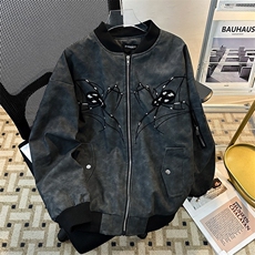JK8555-P68春秋美式蜘蛛刺绣pu皮夹克男女款拉链休闲宽松百搭，男装夹克，电商B323A