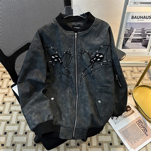 JK8555-P68 春秋美式蜘蛛刺绣pu皮夹克男女款拉链休闲宽松百搭图片