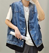 【现货]】秋季新款韩版休闲风牛仔拼接马甲外套，女装马甲，那简