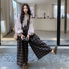 慵懒松弛感格子背带裤衬衣显瘦套装女2025年春秋季新款韩系两件套，女装套装/套裙，2C007