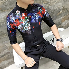 2021新款男士个性花衬衫修身七分袖夜店发型师衬衣工作服D449，男装衬衫，星座419（原A233）