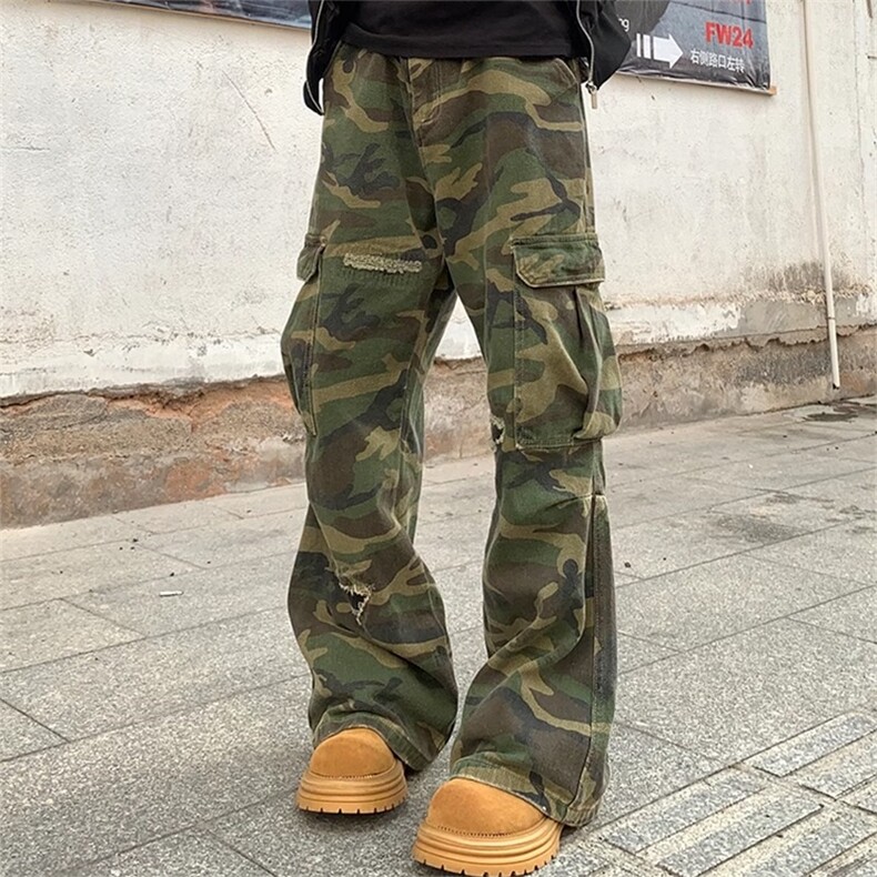AXHUI美式高街迷彩多口袋破坏设计直筒微喇牛仔裤男女百搭长裤潮,男装牛仔裤,星座506A