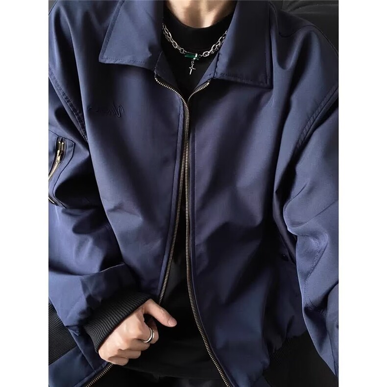 美式复古藏青色飞行夹克外套男潮牌高级感cleanfit翻领短款棒球服,男装夹克,星座506A