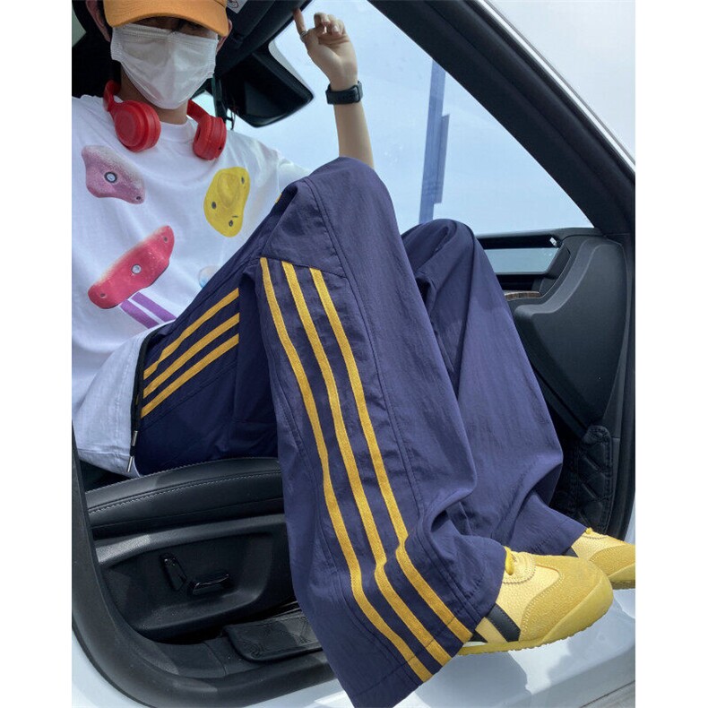 美式条纹运动裤子男生春秋季青少年织带拼接潮牌宽松直筒阔腿长裤,男装休闲裤,电商B315