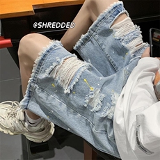 破洞牛仔短裤男夏季薄款美式复古乞丐马裤潮牌高街毛边过膝五分裤，男装牛仔裤，星座1210-1