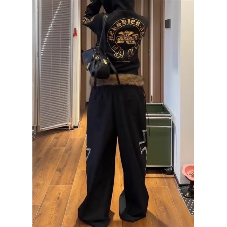 美式高街高腰阔腿裤黑色裤子女2025秋季新款毛领卫裤休闲裤长裤子,男装休闲裤,四季星座505