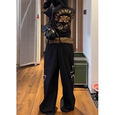 美式高街高腰阔腿裤黑色裤子女2025秋季新款毛领卫裤休闲裤长裤子，男装休闲裤，四季星座505