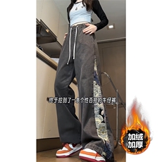 美式街头小熊拼接牛仔裤男冬季加绒加厚设计感阔腿裤XK66133J-P60，男装牛仔裤，电商A042