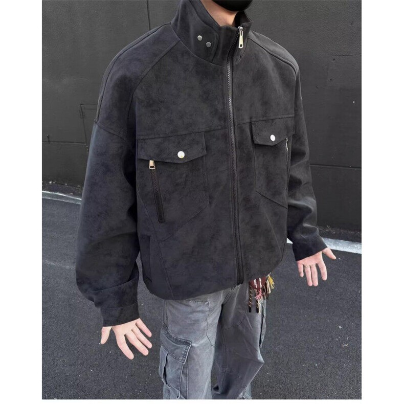 W9694-P85网图现货夹克立领工装外套高级感痞帅cleanfi机车皮衣,男装夹克,星座1608-2