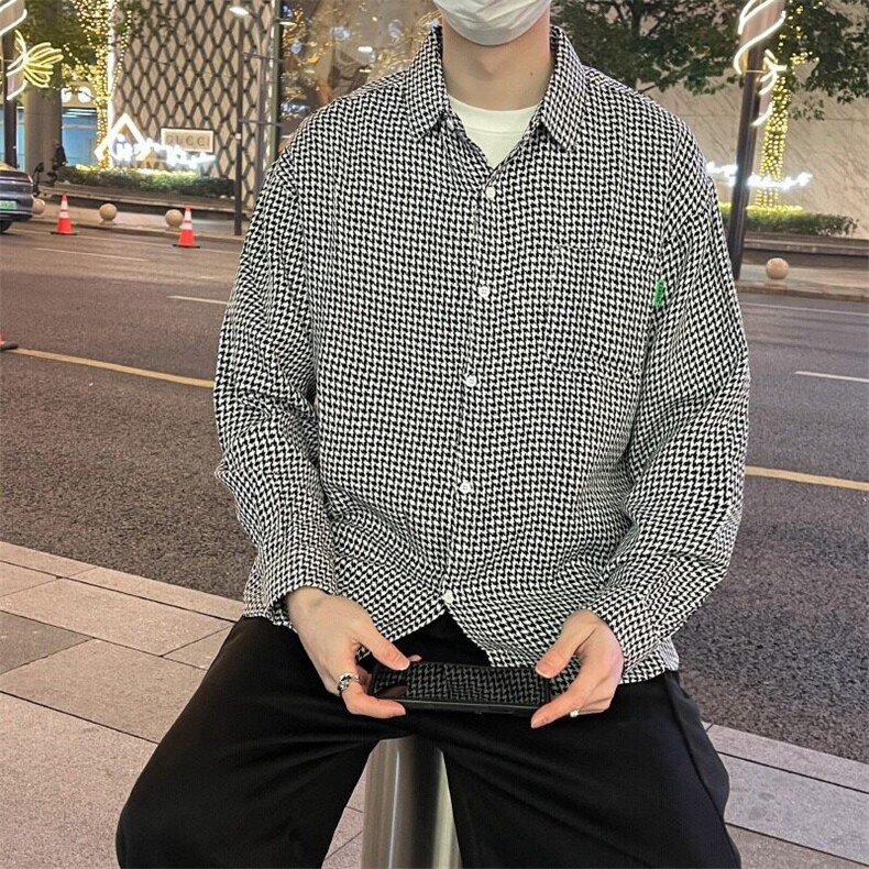 男士春秋季港风高街复古千鸟格上衣宽松大码百搭衬衣外套2227/P36,男装衬衫,星座506