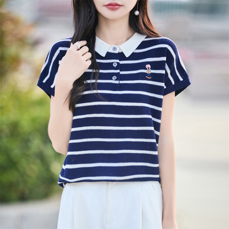 POLO领精纺羊毛针织短袖T恤女拼色条纹刺绣小熊上衣宽松半袖打底,针织衫/毛衣,大美人高端店