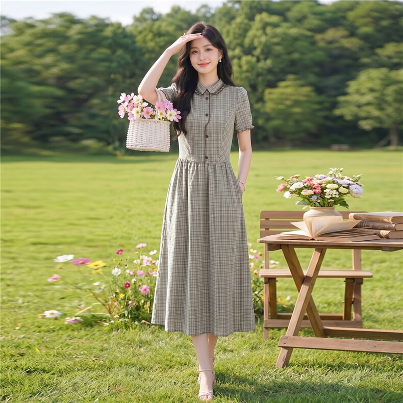学院风格纹连衣裙女春夏收腰显瘦中长裙格子裙子,女装连衣裙,水衣源