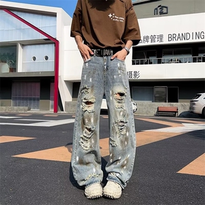 泼墨脏染水洗破洞牛仔裤夏季潮牌设计感宽松直筒阔腿裤1017 P50图片