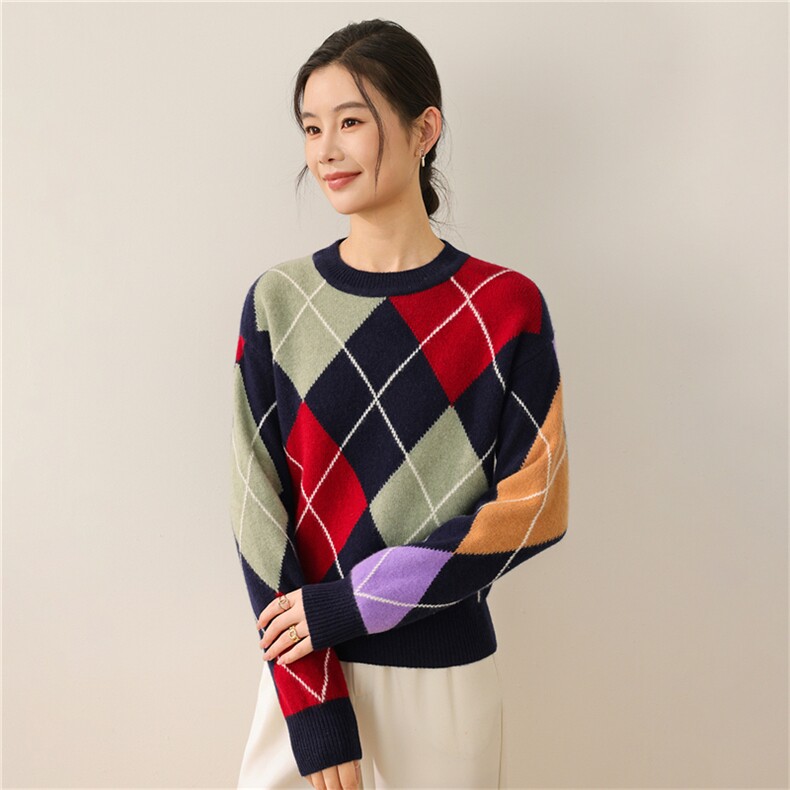 2025年秋季新款百搭圆领菱形撞色，女装羊毛衫，慕洵羊绒