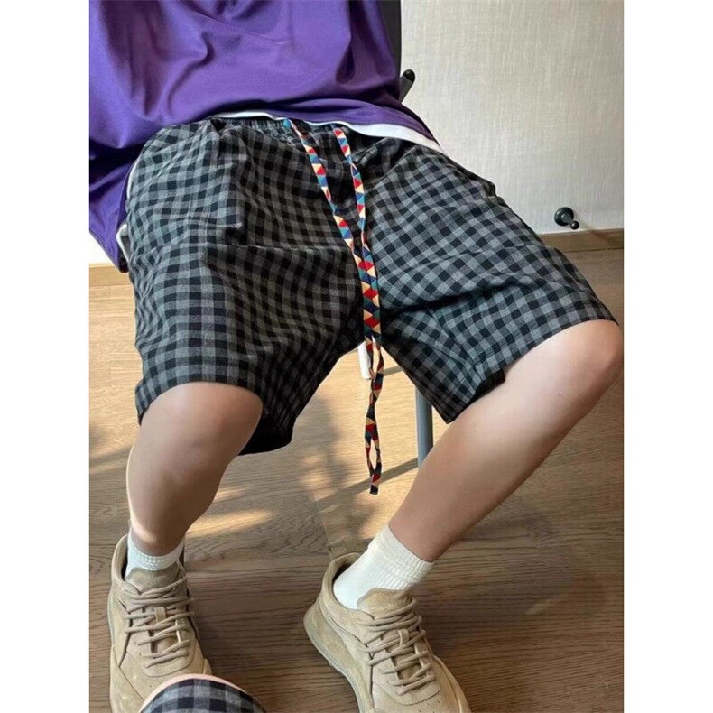 日系复古黑白格子短裤夏季男士直筒阔腿裤子宽松bf慵懒休闲五分裤,男装休闲裤,电商D315A