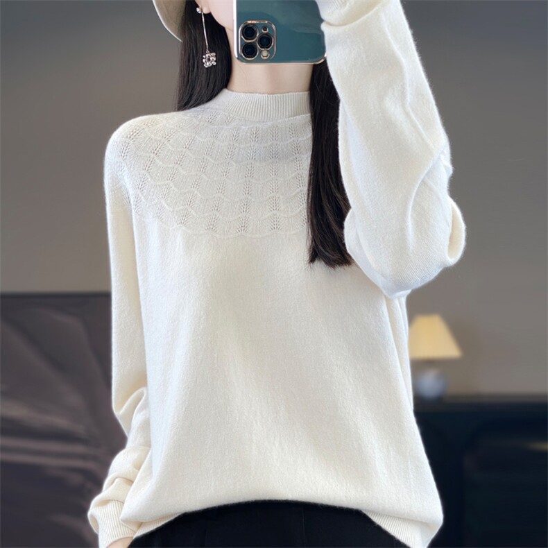 时尚百搭女针织衫简约舒适半高领毛衣优雅花纹镂空设计柔软亲肤，女装针织衫/毛衣，昭美羊绒