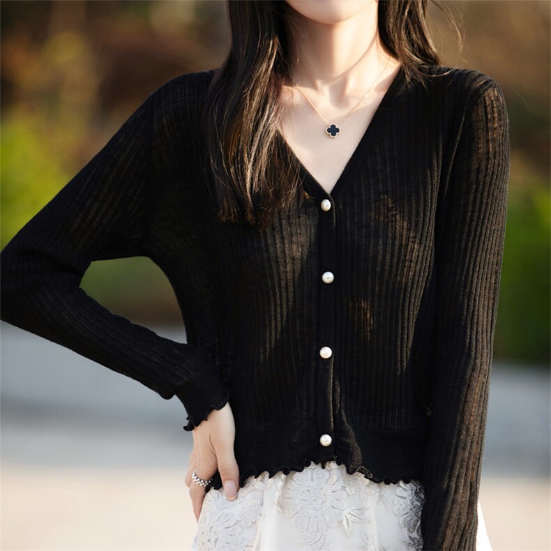 冰丝针织开衫女薄款外套披肩短款外搭配裙子防晒衫夏季上衣小罩衫，女装蕾丝衫/雪纺衫，菲奥羊绒