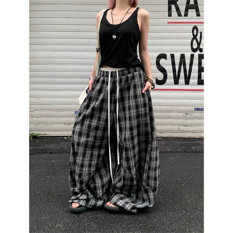 美式慵懒风格子裤男女爵士舞双腰头拼接宽松阔腿裤潮图片