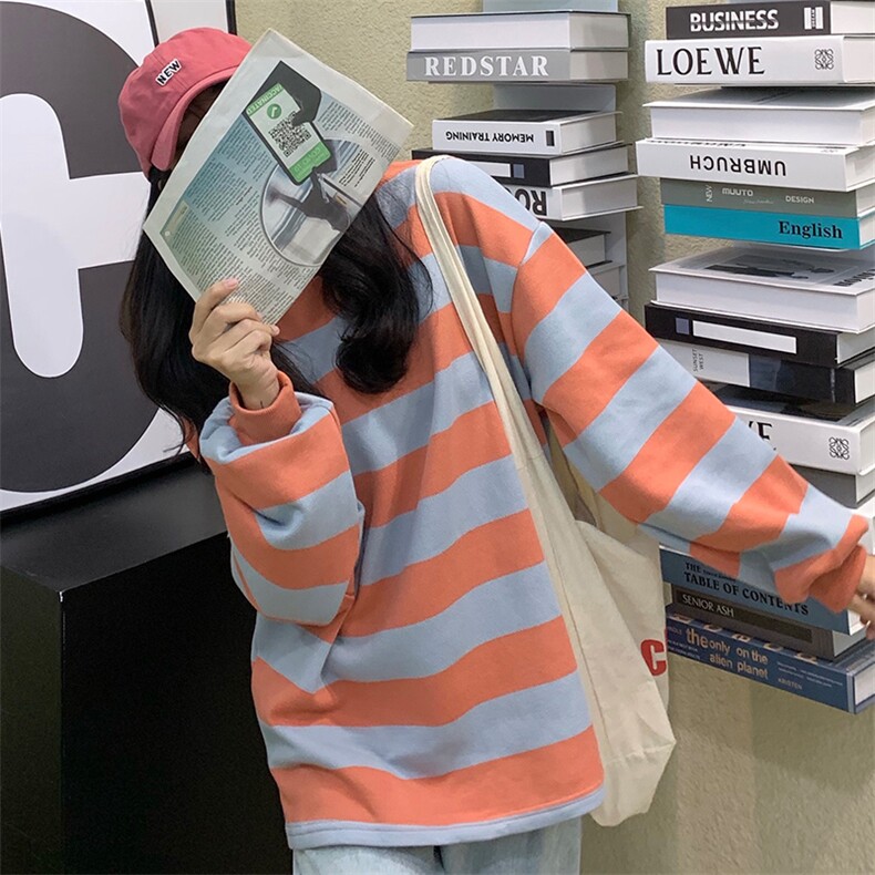 Q0227-P55春秋季小个子少女美式上衣黑白条纹圆领卫衣港风慵懒，女装卫衣/绒衫，星座617A-2