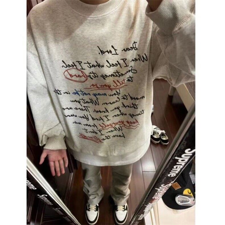 美式复古圆领卫衣女秋冬季oversize宽松加厚潮牌字母印花上衣,男装卫衣,星座506A