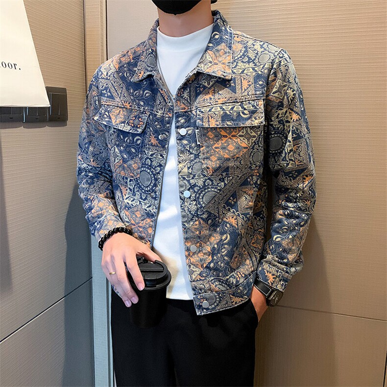 2025春季新款水洗男士牛仔夹克痞帅小伙个性提花印花图案外套,男装夹克,电商A225
