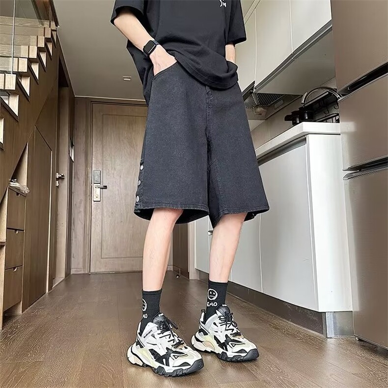 排扣开衩重磅牛仔短裤男夏季美式高街做旧复古五分裤D906P38,男装牛仔裤,星座1116-2
