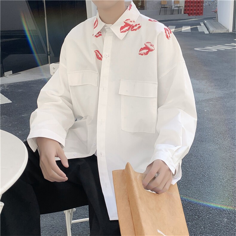 2025秋口红印花纯棉长袖衬衫潮流衬衣男宽松大码CS20P45,男装衬衫,电商C323