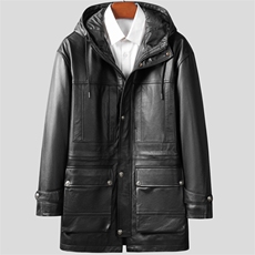 W5009海宁皮衣男头层牛皮白鸭绒羽绒服中长款连帽皮夹克P880，男装皮衣，电商B360