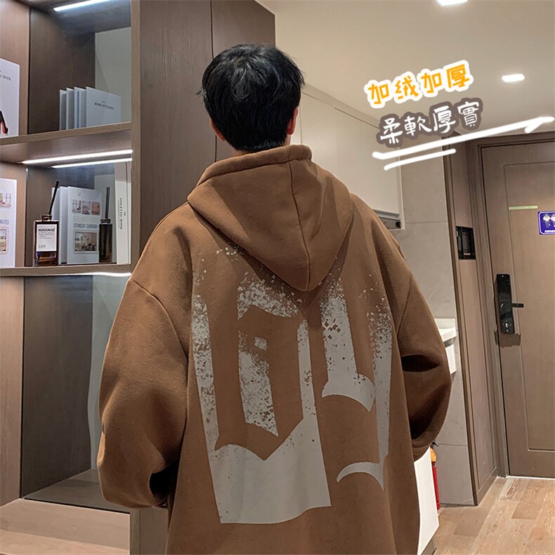 HD1436-TP68-控88 冬季加绒卫衣男2022港风保暖潮牌印花连帽外套图片