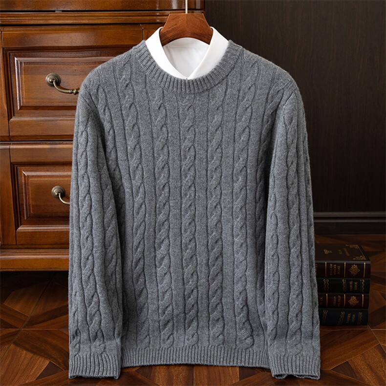 品质男羊绒套衫羊绒保暖长袖麻花编织灰色商务休闲毛衣男装，男装羊绒套衫，欧力羊绒