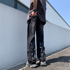 黄泥色直筒牛仔裤男潮牌美式设计感宽松拉链阔腿休闲长裤WN72-P45，男装牛仔裤，星座1008-1
