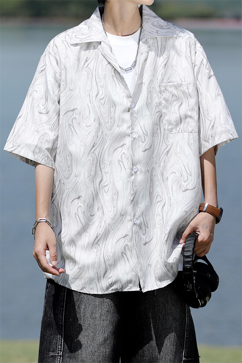 8XL-M冰丝古着感波浪纹短袖衬衫男宽松休闲沙滩古巴领衬衣CS528,男装衬衫,电商D206-1