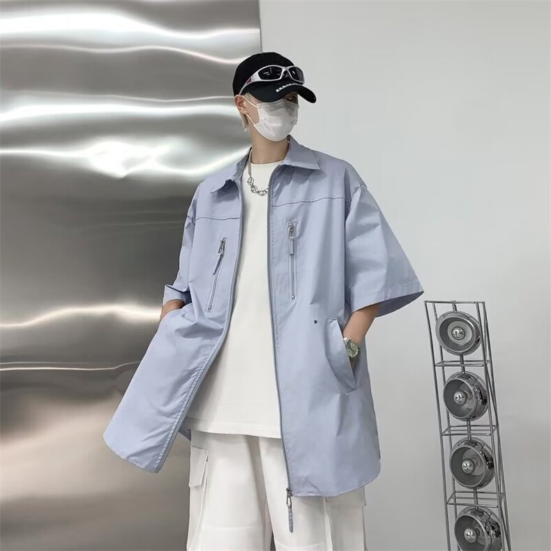 拉链设计感美式高街衬衫男女宽松短袖潮牌夏复古翻领上衣C360,男装衬衫,星座1116A-1（原606A）