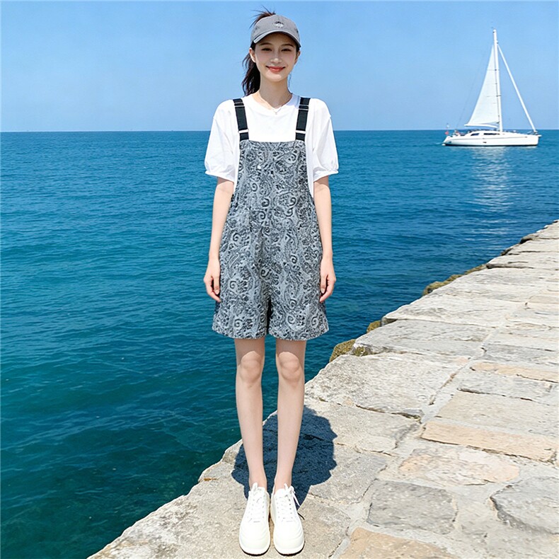 甜美休闲时尚运动套装女夏季新款圆领泡泡短袖提花背带短裤两件套,女装套装/套裙,江南