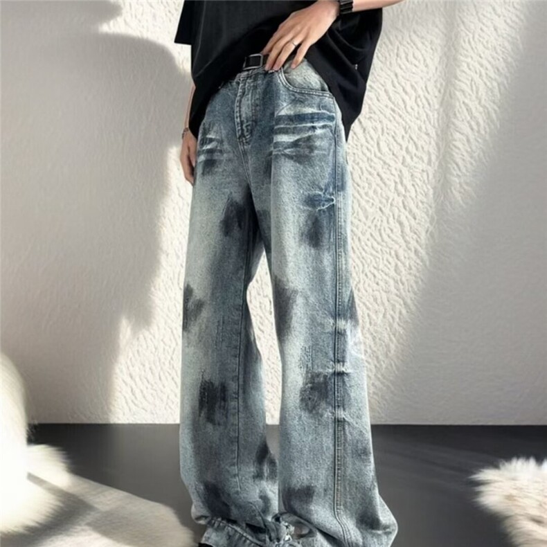 破洞牛仔裤男美式复古潮牌痞帅扎染褶皱阔腿休闲情侣高街显瘦长裤，男装牛仔裤，星座516A