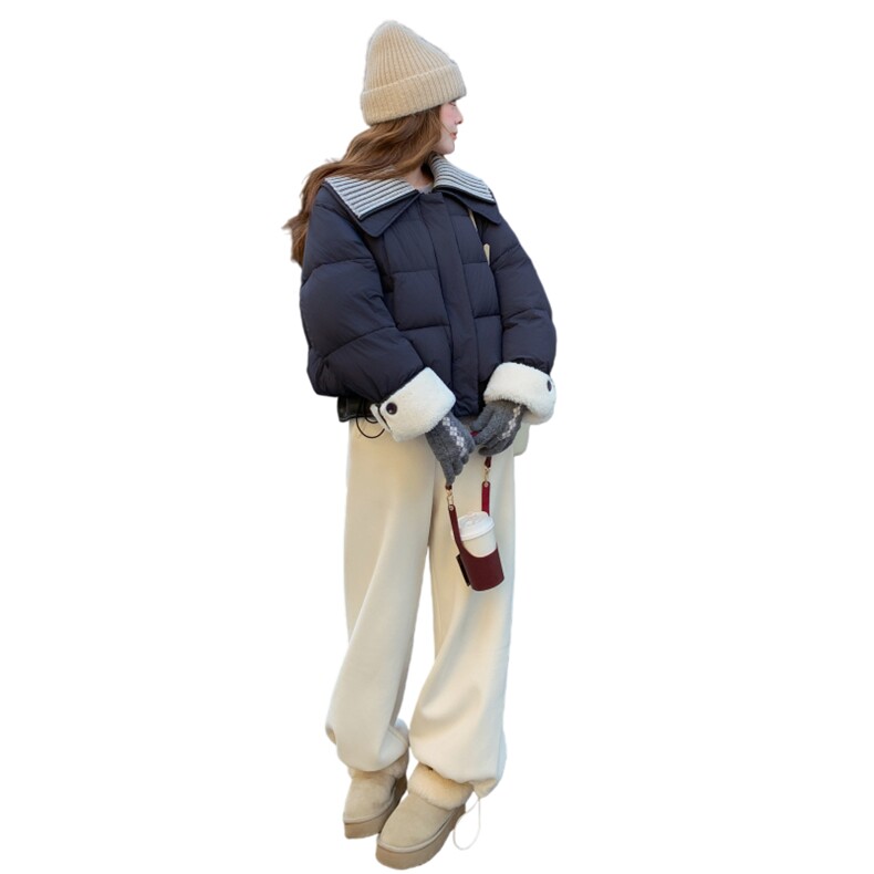 针织领羊羔毛PU皮拼接藏青50绒羽绒服2C206-L677-P295-K448,女装羽绒服,2C206