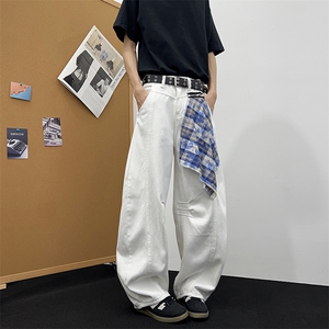 高街打褶白色牛仔裤男潮牌设计感阔腿弯刀裤美式嘻哈直筒裤子图片